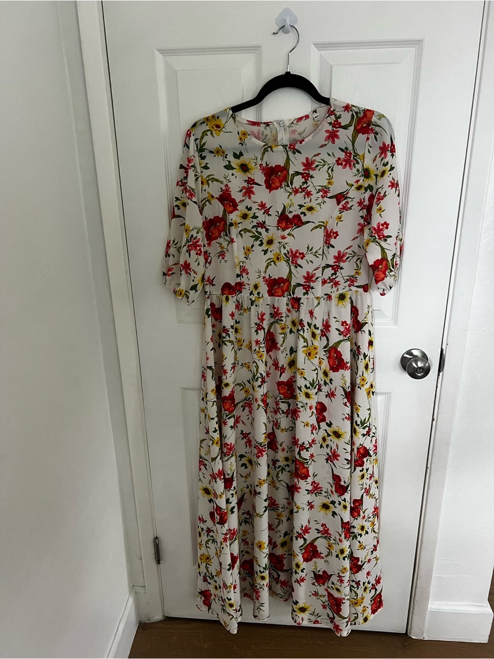 White Floral Maxi Dress with Red & Yellow Blooms